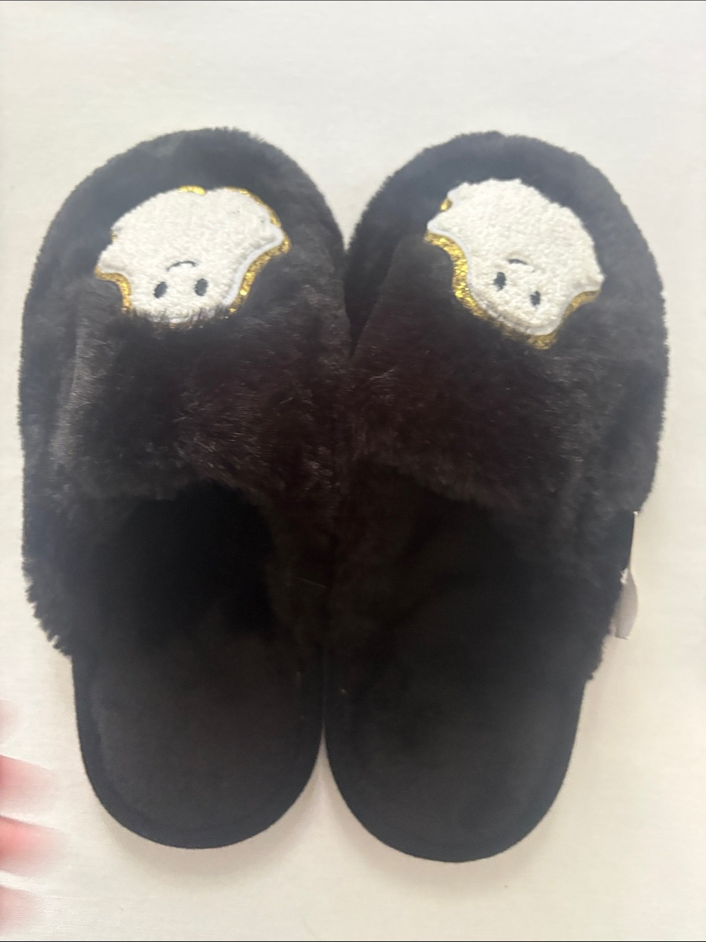 Halloween Black Plush Slippers with White Ghost Patch- small